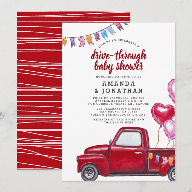 Red Truck & Balloons fahren durch Kinderdusche Einladung (Vorne/Hinten)