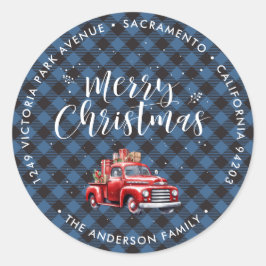 Red Truck Blue Weihnachts-Rücksendeadressen-Aufkle Runder Aufkleber