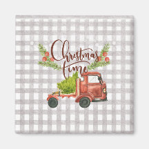 Red Truck Buffalo Check Christmas Magnet