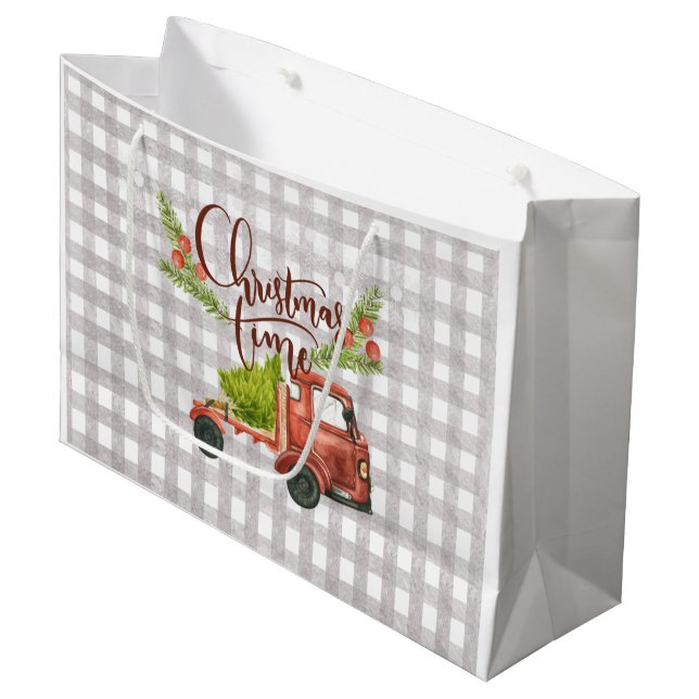 Red Truck Buffalo Karo Weihnachtsgeschenk Tasche Große Geschenktüte (Vorderseite Schrägansicht)