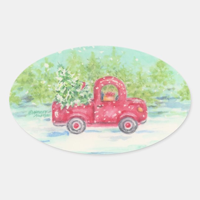 Red Truck Country Weihnachtskleber Ovaler Aufkleber (Vorderseite)