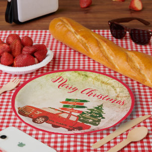 Red Truck Elegant Rustikal Vintag Frohe Weihnachte Pappteller