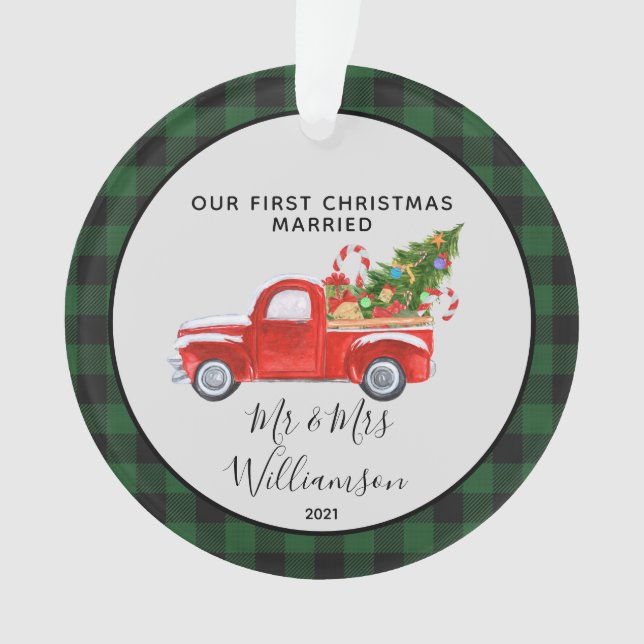 Red Truck Erstes Weihnachtsfest Verheiratet Buffal Ornament (Vorderseite)