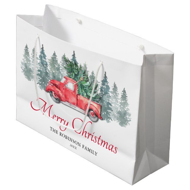 Red Truck Frohe Weihnachten Große Geschenktüte (Vorderseite Schrägansicht)