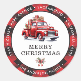 Red Truck Frohe Weihnachten Karierte Rücksendeadre Runder Aufkleber