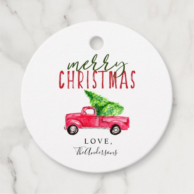 Red Truck Frohe Weihnachtsbaum Wasserfarbe niedlic Geschenkanhänger (Vorderseite)