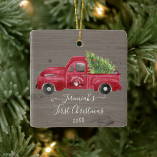 Red Truck Gray Wood Baby1st Christmas Tree Foto Keramikornament
