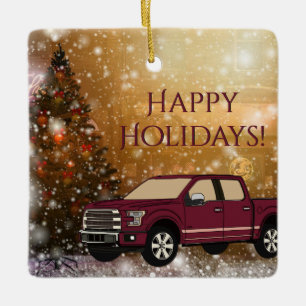 Red Truck in Weihnachten Winterschneeszene Keramikornament