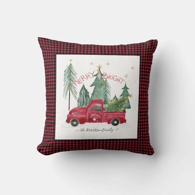 Red Truck Merry Bright Buffalo Karo House Kissen (Vorderseite)