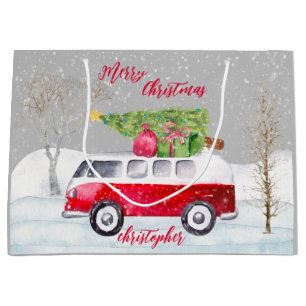 Red Truck Merry Christmas Gray Große Geschenktüte