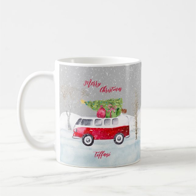 Red Truck Merry Christmas Gray Kaffeetasse (Links)