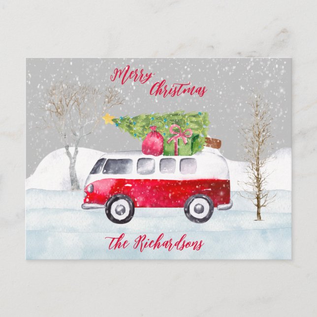Red Truck Merry Christmas Gray Postkarte (Vorderseite)