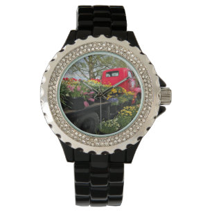 Red Truck mit Frühlingsblumen & Regenbogen Armbanduhr