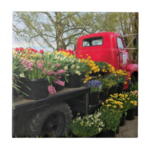Red Truck mit Frühlingsblumen & Regenbogen Fliese