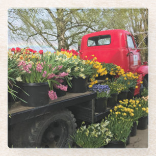 Red Truck mit Frühlingsblumen & Regenbogen Glasuntersetzer
