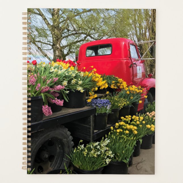 Red Truck mit Frühlingsblumen & Regenbogen Planer (Vorderseite)
