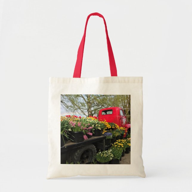 Red Truck mit Frühlingsblumen & Regenbogen Tragetasche (Vorne)
