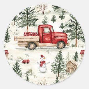 Red Truck mit Geschenken und Schneemann Runder Aufkleber