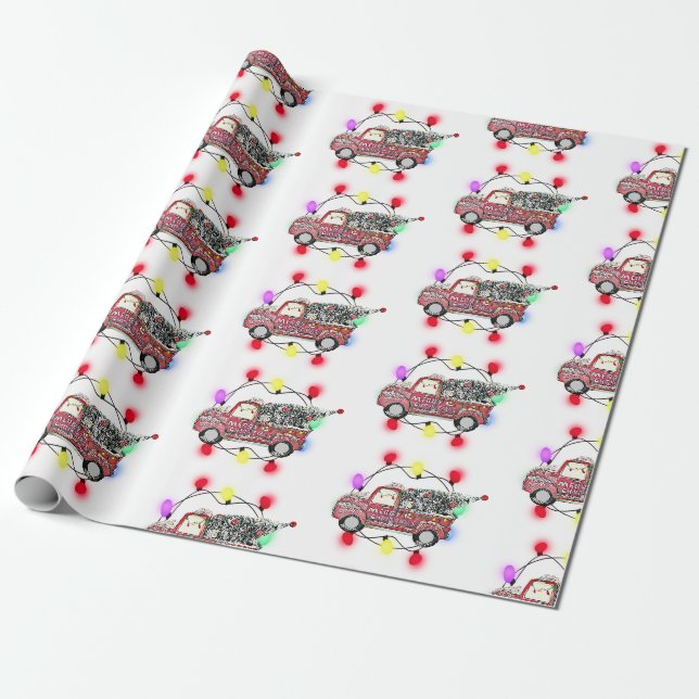 Red Truck mit Weihnachtsbaum Snowy Lights Geschenkpapier (Ungerollt)