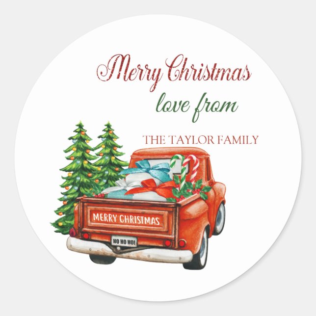 Red Truck Pine Tree Frohe Weihnachten Runder Aufkleber (Vorderseite)