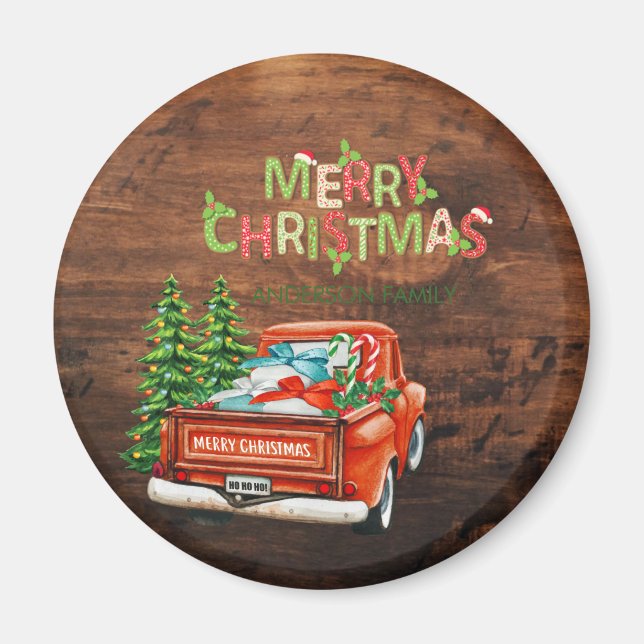 Red Truck Pine Tree Frohe Weihnachtswald Magnet (Vorne)