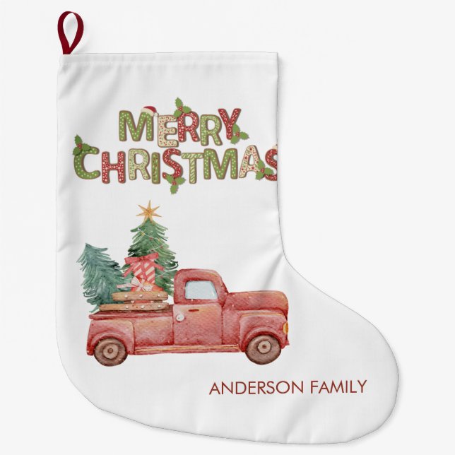 Red Truck Pine Tree präsentiert frohe Weihnachten Großer Weihnachtsstrumpf (Vorderseite)