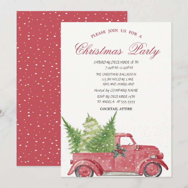 Red Truck Pine Tree Schnee Weihnachtsfest Party Einladung (Vorne/Hinten)