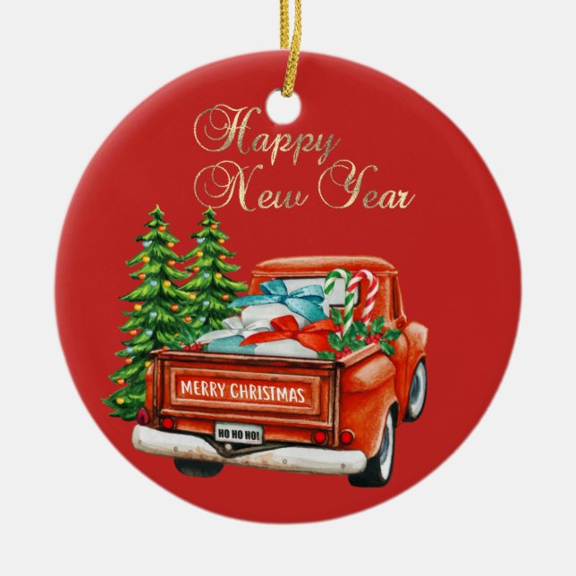Red Truck Pine Tree Weihnachten Keramik Ornament (Vorne)