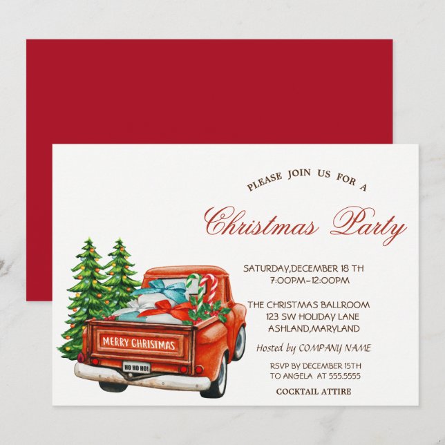 Red Truck Pine Tree Weihnachtsfest Party Einladung (Vorne/Hinten)