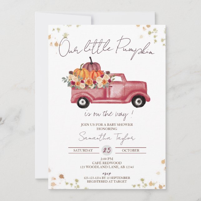Red Truck, Pumpkin Baby Dusche, Fall rosa Blütendu Einladung (Vorderseite)