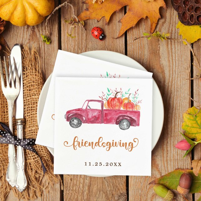 Red Truck Pumpkin Friendsgiving Fallskript Niedlic Serviette (Von Creator hochgeladen)
