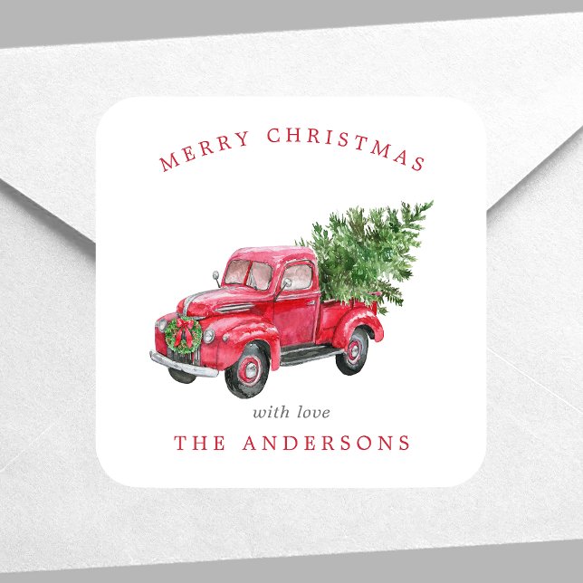 Red Truck Retro Weihnachten Quadratischer Aufkleber (Von Creator hochgeladen)