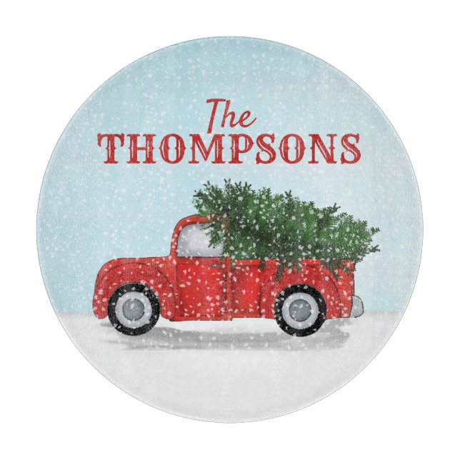Red Truck Snow Weihnachtsbaum Personalisiert Schneidebrett (Vorderseite)