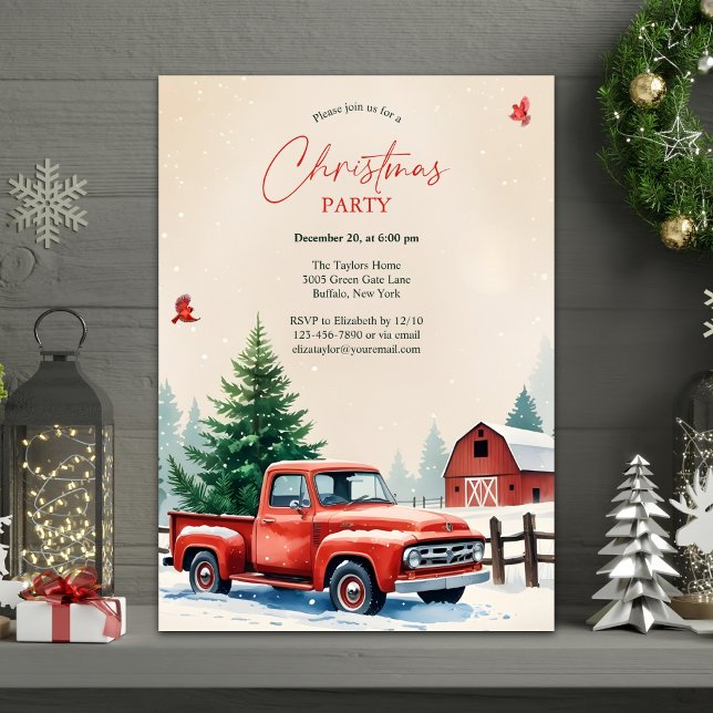 Red Truck Snowy Barn Rustic Christmas Party Einladung (Personalized Rustic Christmas Party Invitation – Red Vintage Truck, Snowy Farm & Barn)