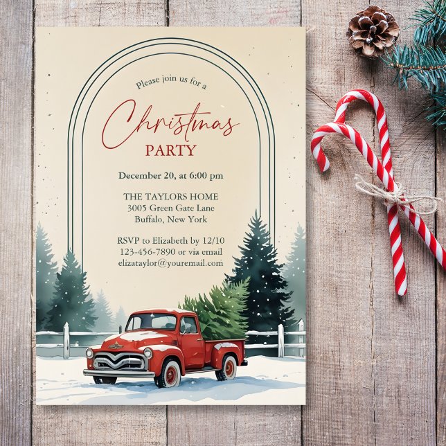 Red Truck Snowy Pine Trees Rustic Christmas Party Einladung (Personalized Rustic Christmas Party Invitation – Red Vintage Truck, Snowy Pine Trees & Arch Frame)