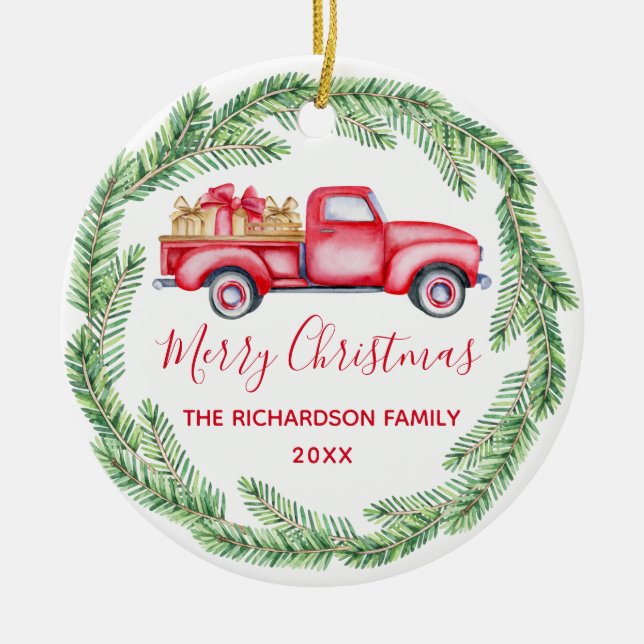 Red Truck Tree 2021 Frohe Weihnachtsfeier Foto Keramik Ornament (Vorne)