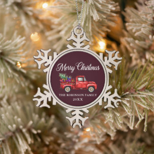 Red Truck Tree Geschenke Frohe Weihnachtsburg Schneeflocken Zinn-Ornament