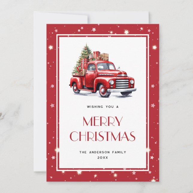 Red Truck Tree Neige Stars Joyeux Noël Carte (Devant)