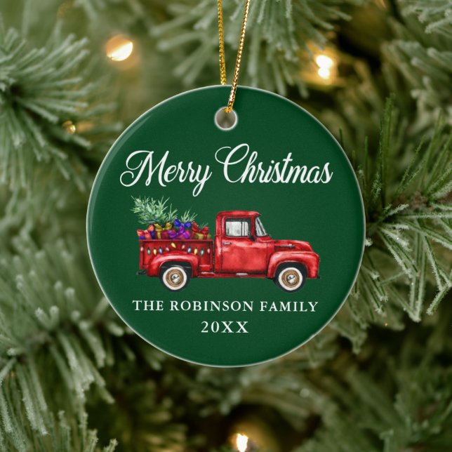 Red Truck Tree spendet fröhliches Weihnachtsnachts Keramik Ornament (Baum)