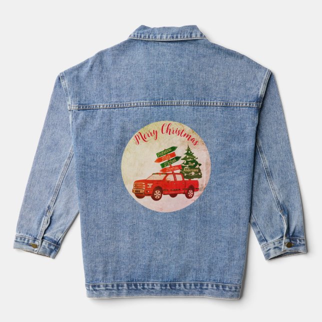 Red Truck Trendy Modern Frohe Weihnachten Jeansjacke (Rückseite)
