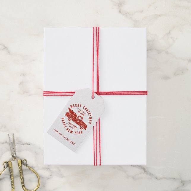 Red Truck und Bäume Frohe Weihnachten Glück Neues  Geschenkanhänger (Mit Garn)