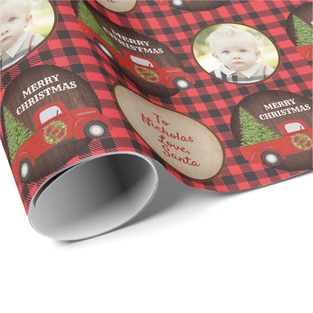 Red Truck und Tree Buffalo Kariertes Foto Weihnach Geschenkpapier (Rolleneckpunkt)