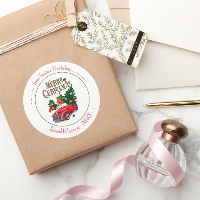 Red Truck und Tree & Happy Snowman Runder Aufkleber (Schenken)