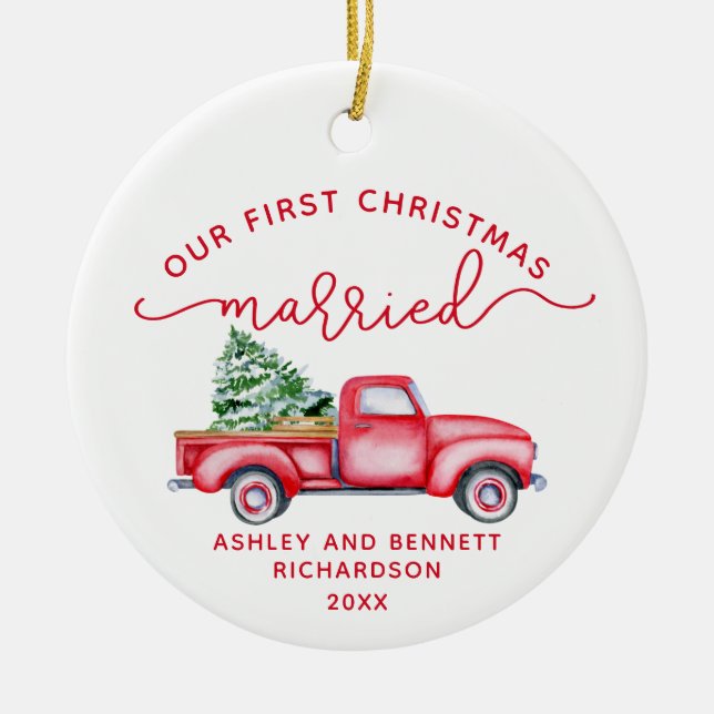 Red Truck Unser erstes Verheiratetes Foto zu Weihn Keramik Ornament (Vorne)