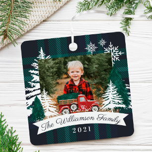 Red Truck Weihnachtsbaum Lieferung Navy Kariertes Ornament Aus Metall