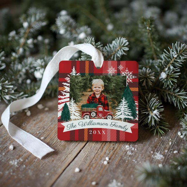 Red Truck Weihnachtsbaum Lieferung Rote Karierte F Ornament Aus Metall (Red Truck Christmas Tree Delivery Red Plaid Photos Metal Ornament)