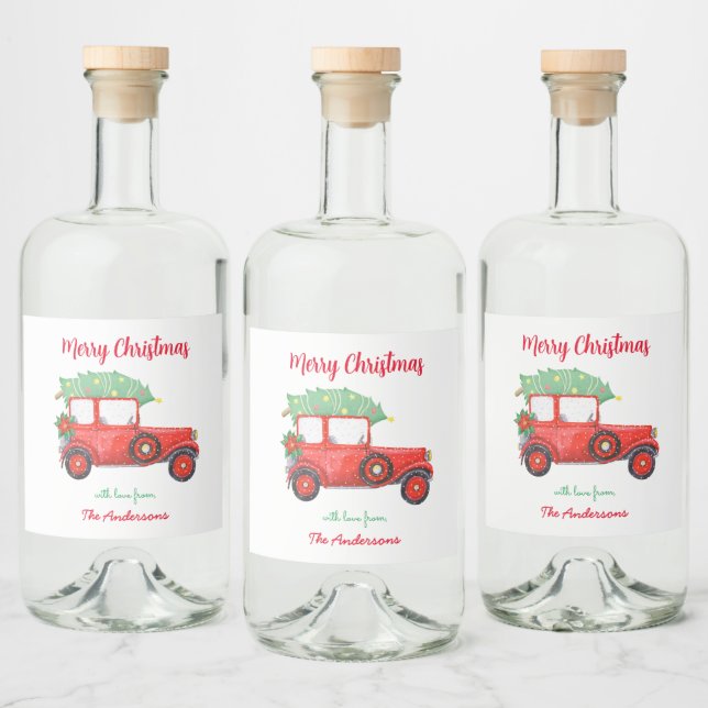 Red Truck Weihnachtsbaum Xmas White Alkoholflaschenetikett (Flaschen)