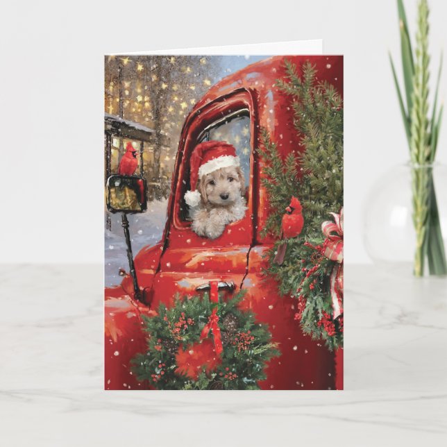 Red Truck Welppies Frohe Weihnachten Karte (Vorderseite)