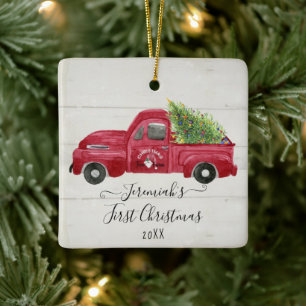 Red Truck White Wood Baby1st Weihnachtsbaum Foto Keramikornament