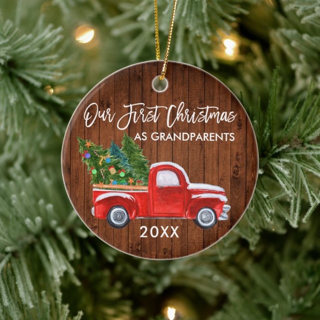 Red Truck Wood Erste Weihnachten als Großeltern Keramik Ornament (Baum)